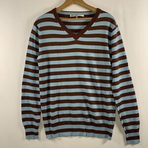 Mr Turk Mens 100% Merino‎ Wool Striped V Neck Sweater Size S Blue Brown Preppy